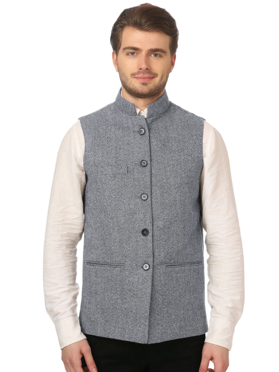 

Vastraa Fusion Men Textured Light Blue Solid Pure Cotton Nehru Jacket