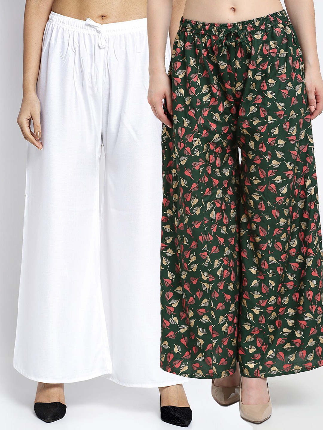 

GRACIT Set Of 2 White & Green Printed Flared Palazzos