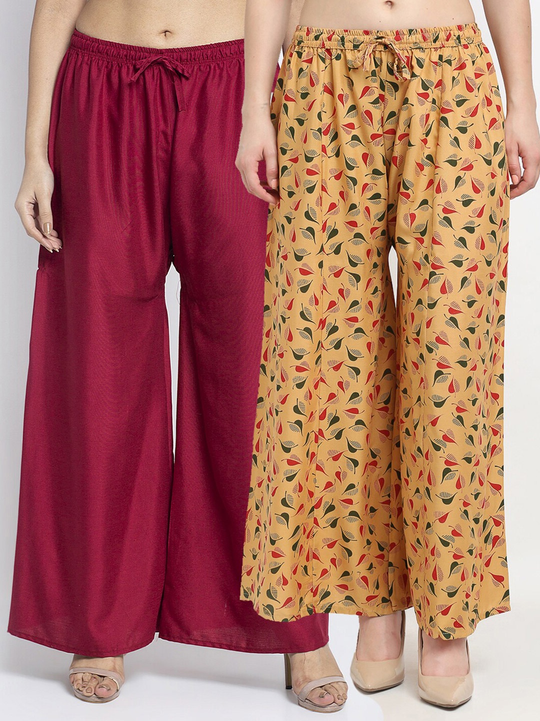 

GRACIT Women Set Of 2 Maroon & Beige Flared Palazzos