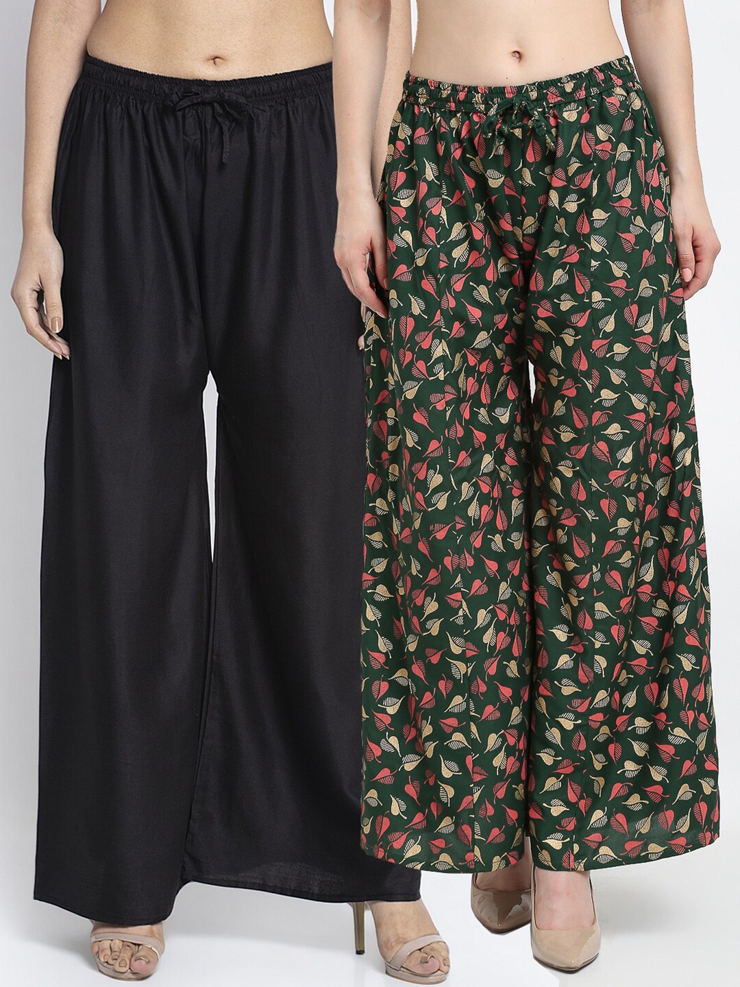 

GRACIT Women Set Of 2 Black & Olive Green Flared Palazzos