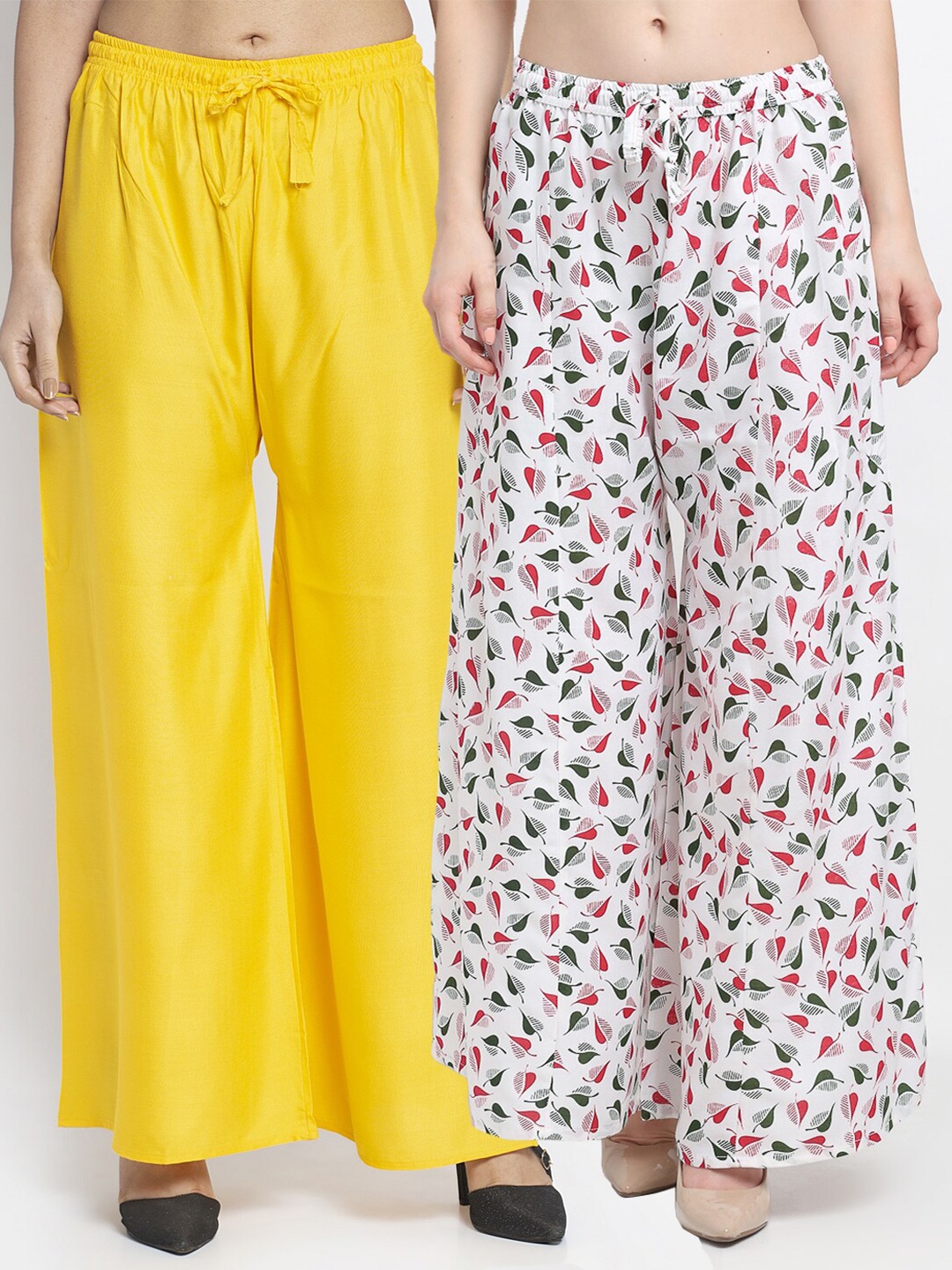 

GRACIT Women Pack of 2 Yellow & White Floral Printed Flared Knitted Ethnic Palazzos