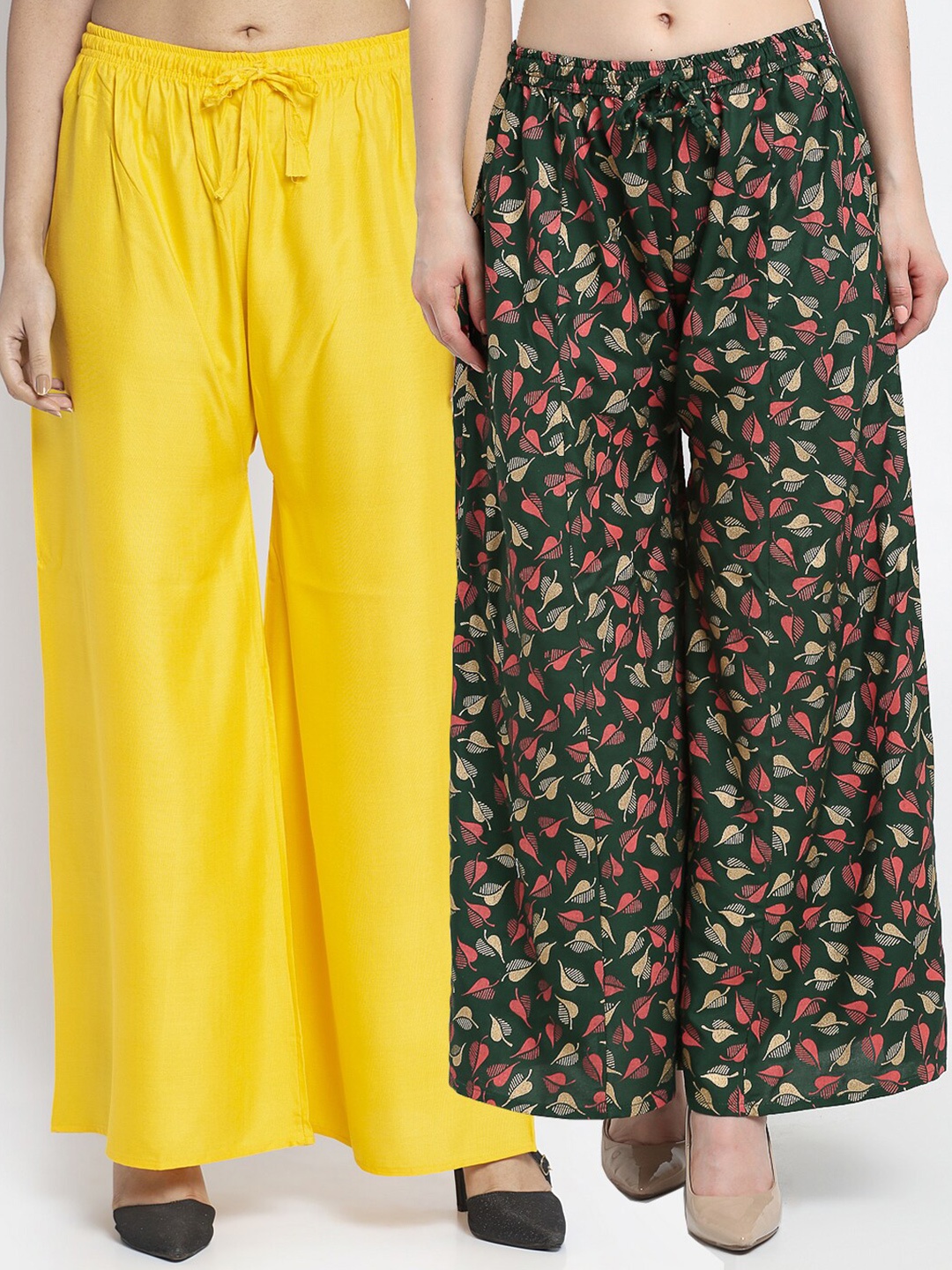 

GRACIT Women Yellow & Green Set Of 2 Printed Flared Knitted Palazzos