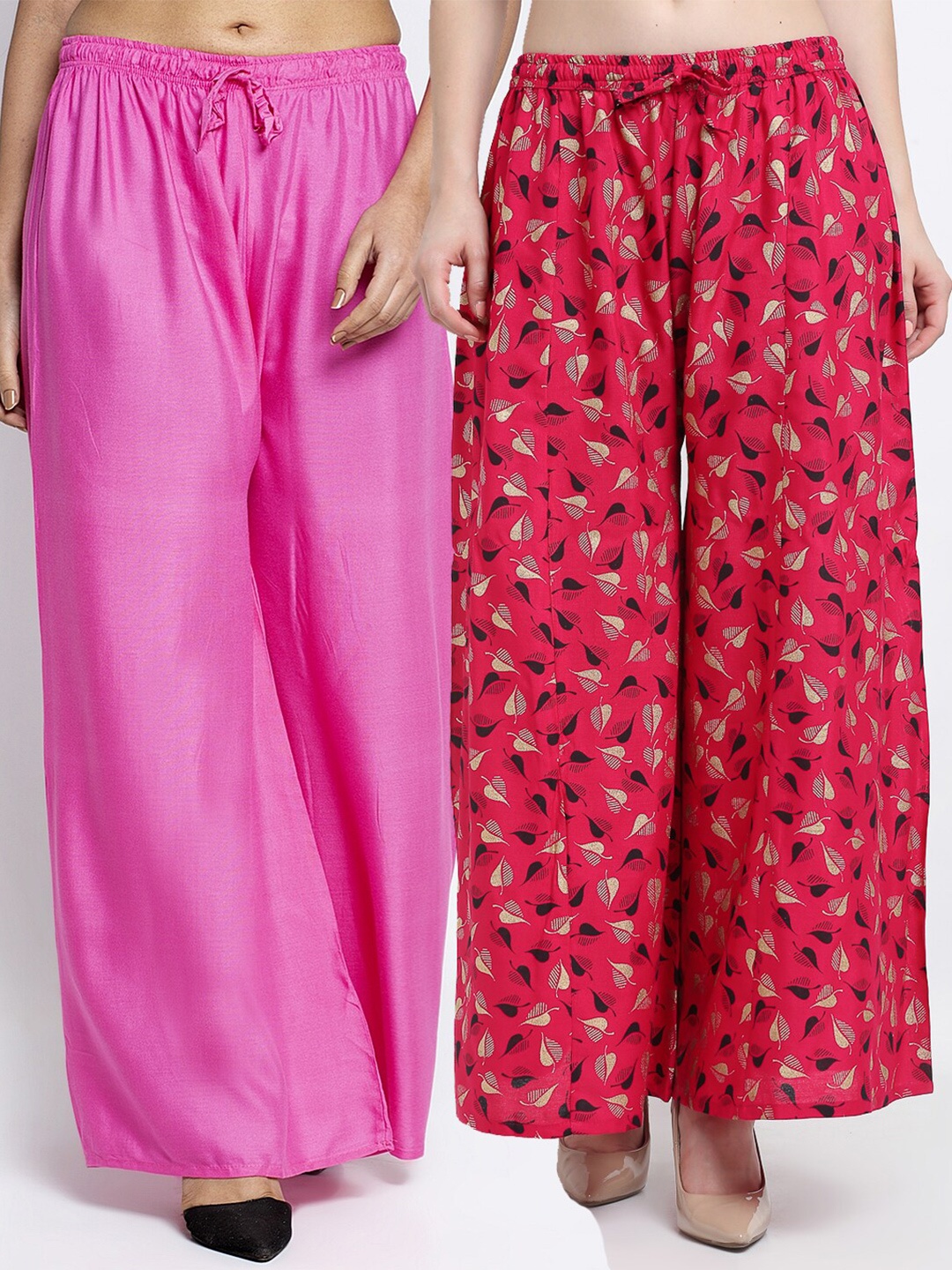 

GRACIT Women Pack of 2 Printed Flared Fit Knitted Palazzos, Pink