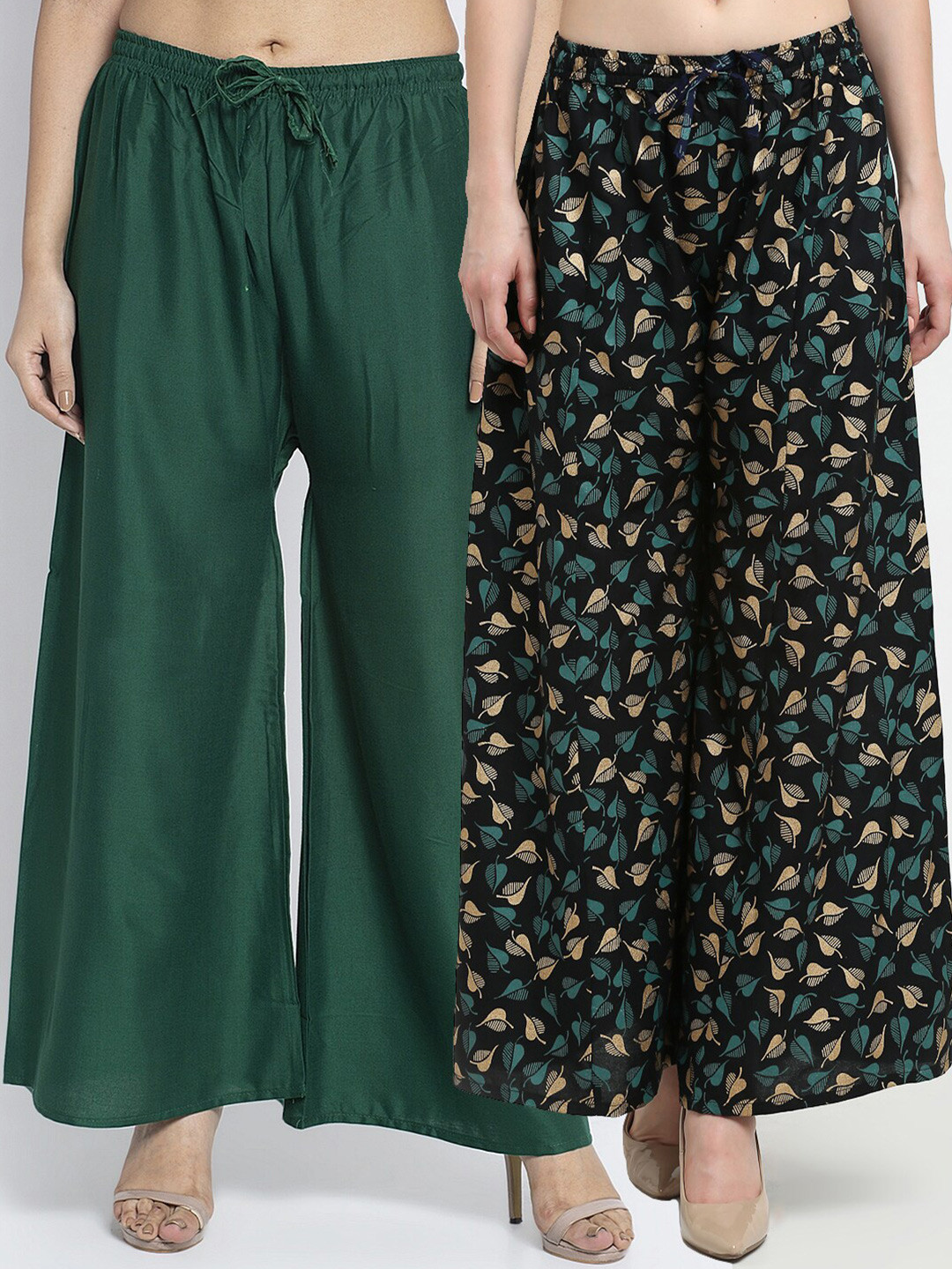 

GRACIT Women Pack of 2 Printed Flared Knitted Ethnic Palazzos, Green