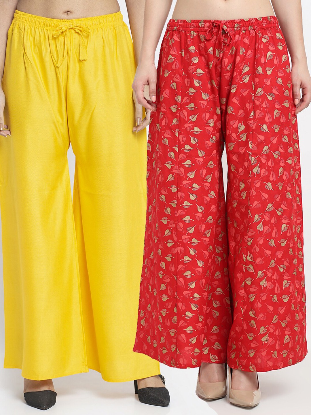 

GRACIT Women Pack of 2 Yellow & Red Floral Printed Flared Knitted Ethnic Palazzos