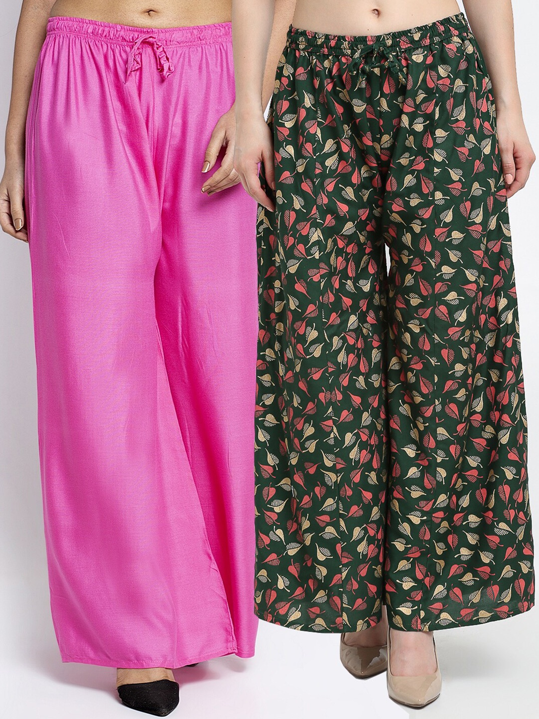 

GRACIT Women Set Of 2 Pink & Olive Green Flared Palazzos