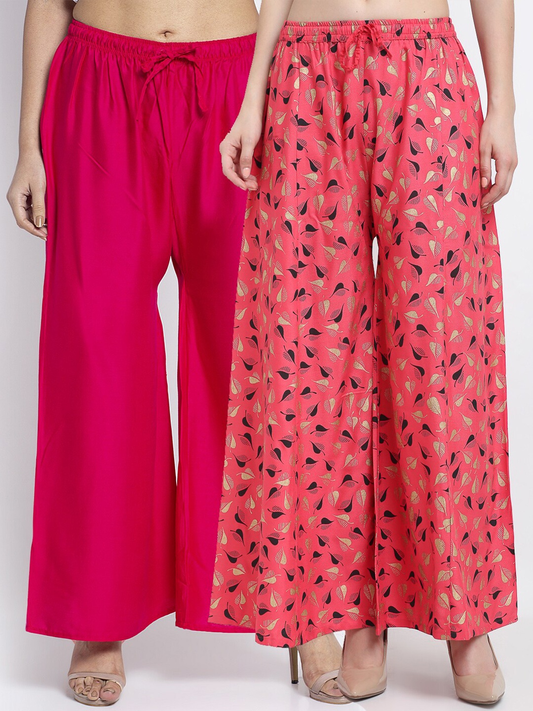 

GRACIT Women Pack Of 2 Pink & Peach-Coloured Floral Printed Flared Knitted Ethnic Palazzos