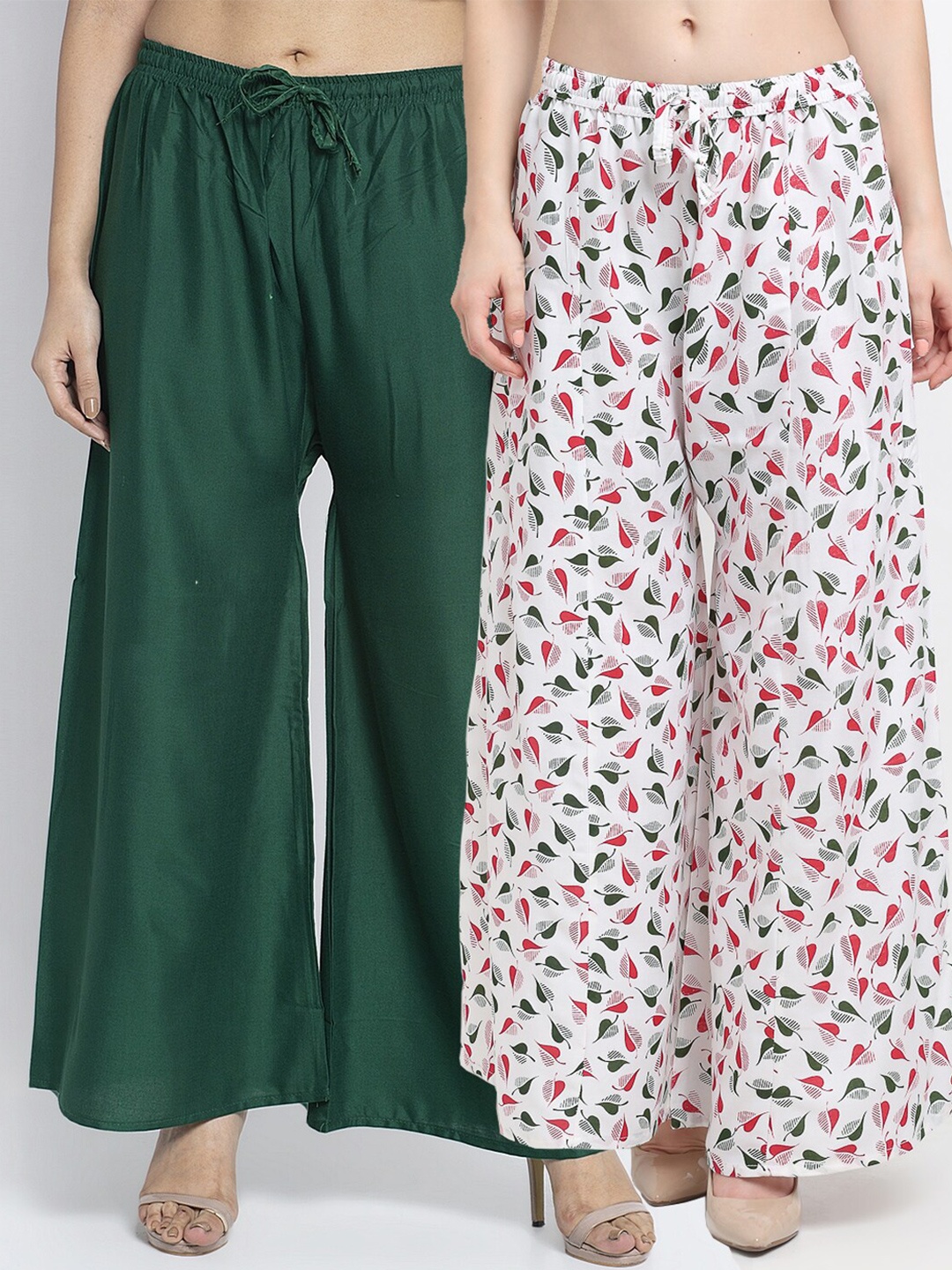 

GRACIT Women Pack Of 2 Green & White Printed Flared Knitted Ethnic Palazzos