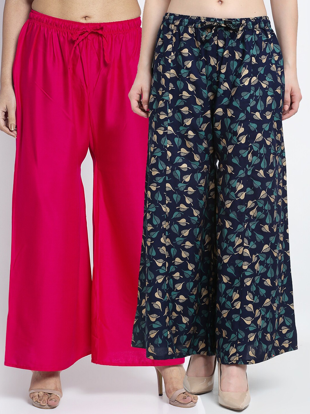 

GRACIT Pack of 2 Pink & Navy Blue Floral Printed Flared Knitted Ethnic Palazzos