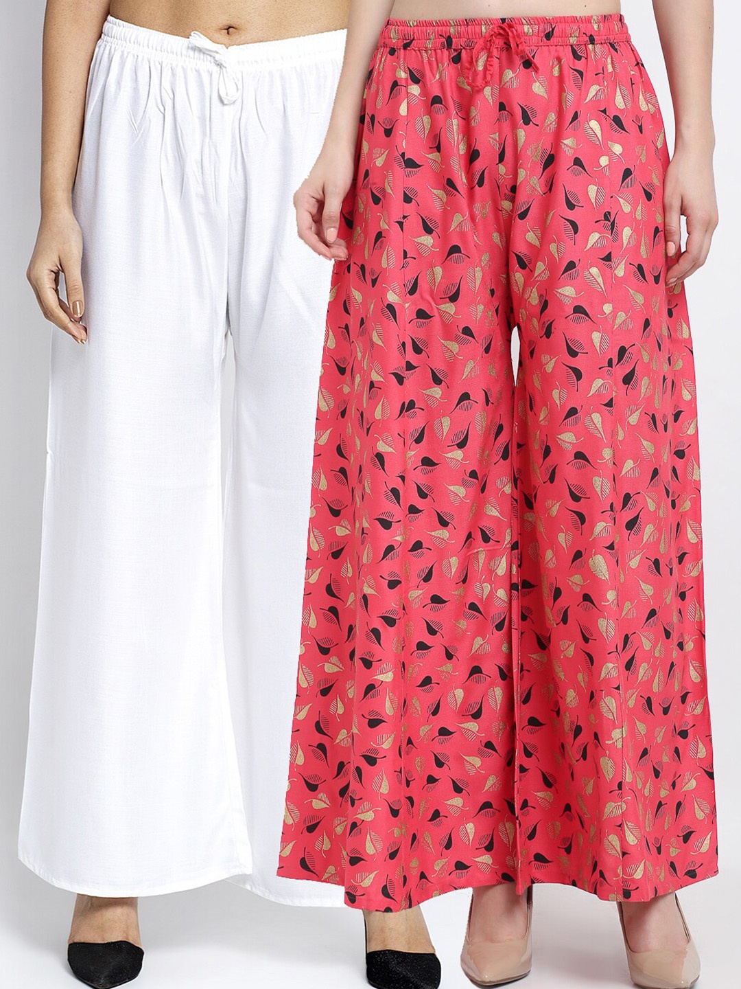 

GRACIT Women Pack of 2 Printed Flared Knitted Ethnic Palazzos, White