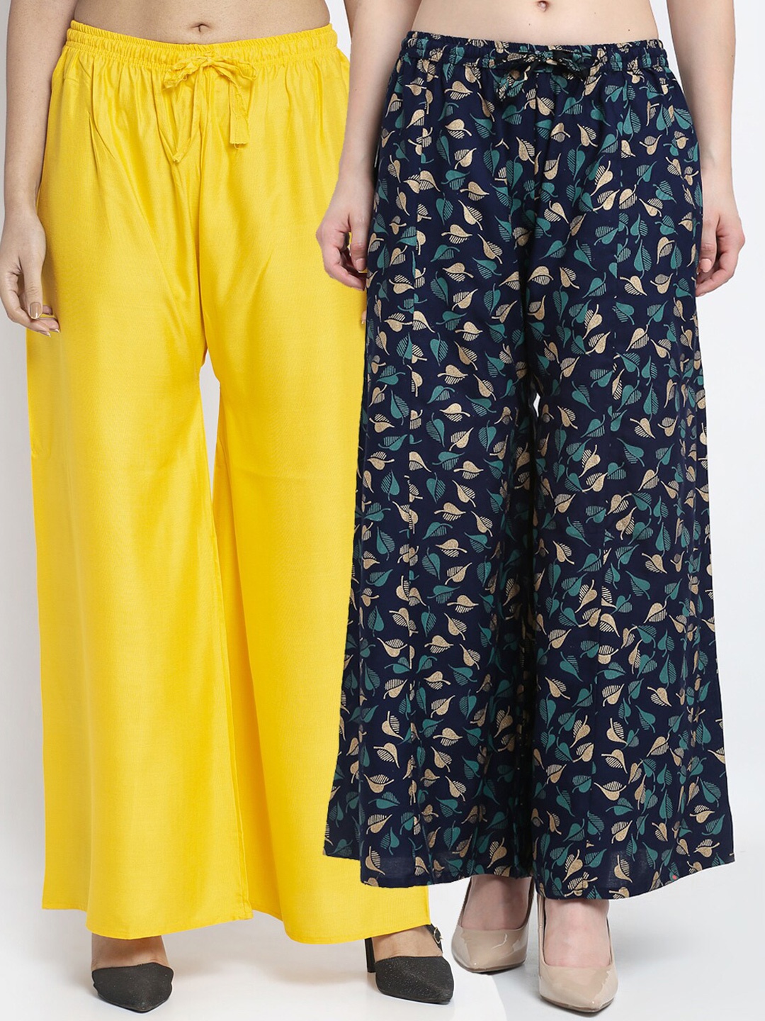 

GRACIT Women Pack Of 2 Yellow & Navy Blue Floral Printed Flared Knitted Ethnic Palazzos