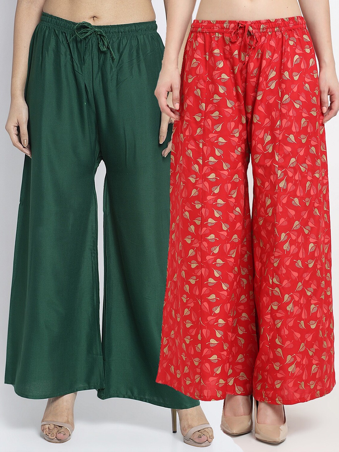 

GRACIT Women Pack of 2 Green & Red Printed Flared Knitted Ethnic Palazzos