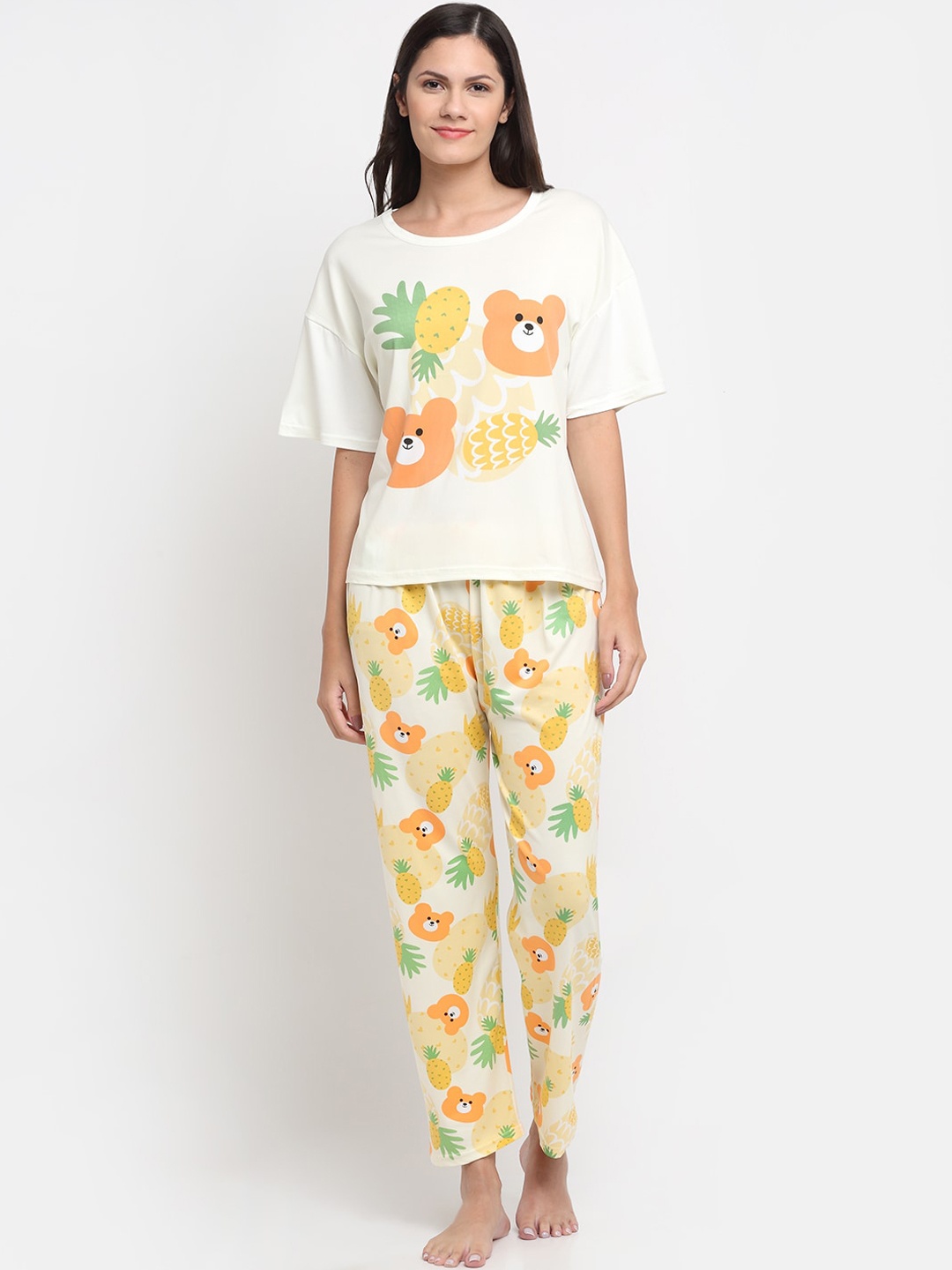 

KLOTTHE Women White & Orange Printed Cotton Night suits