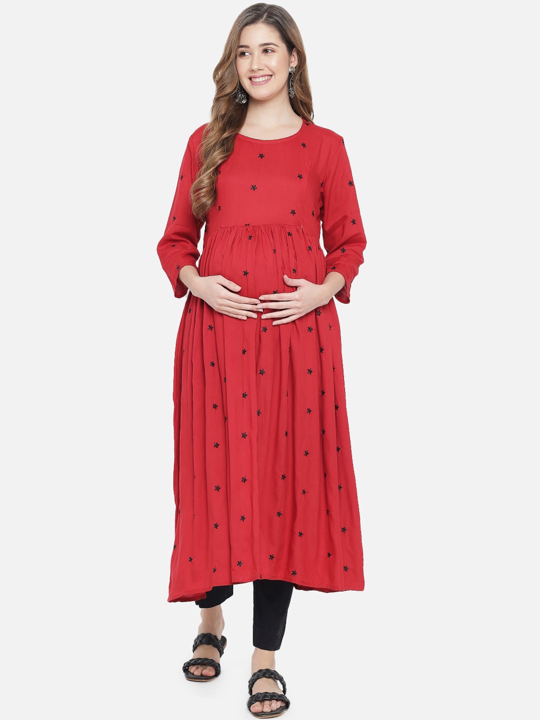 

Aujjessa Women Maroon & Black Ethnic Motifs Embroidered Maternity Kurta