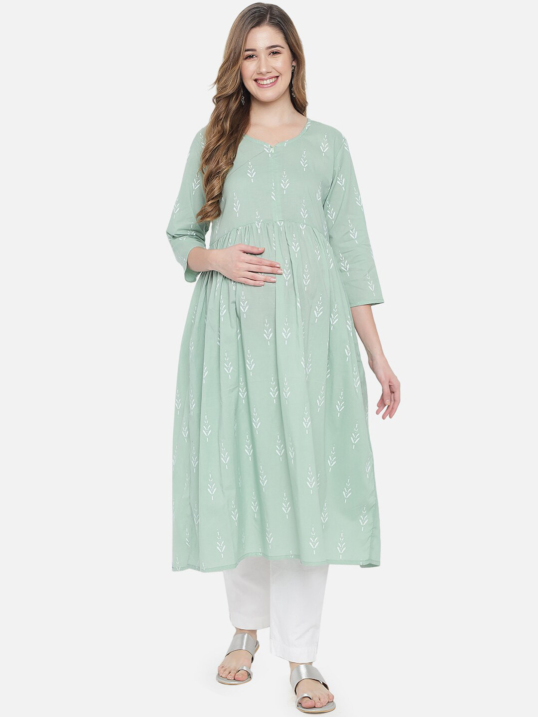 

Aujjessa Women Green Ethnic Motifs Printed Maternity Anarkali Kurta