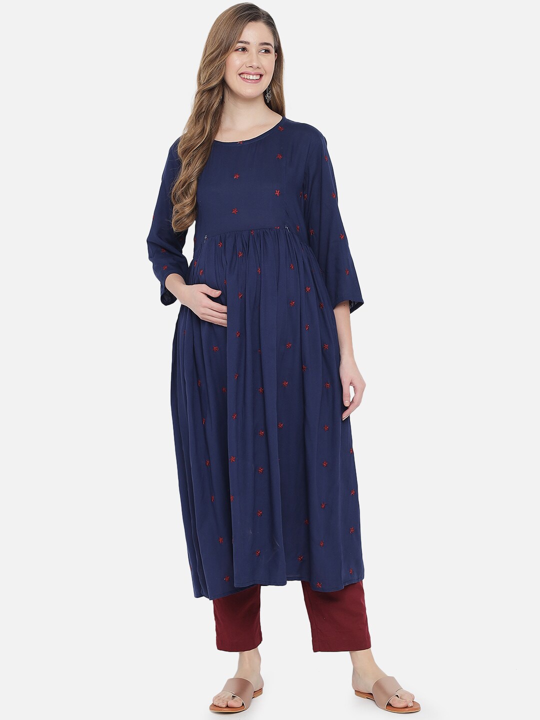 

Aujjessa Maternity Women Blue Floral Embroidered Thread Work Kurta