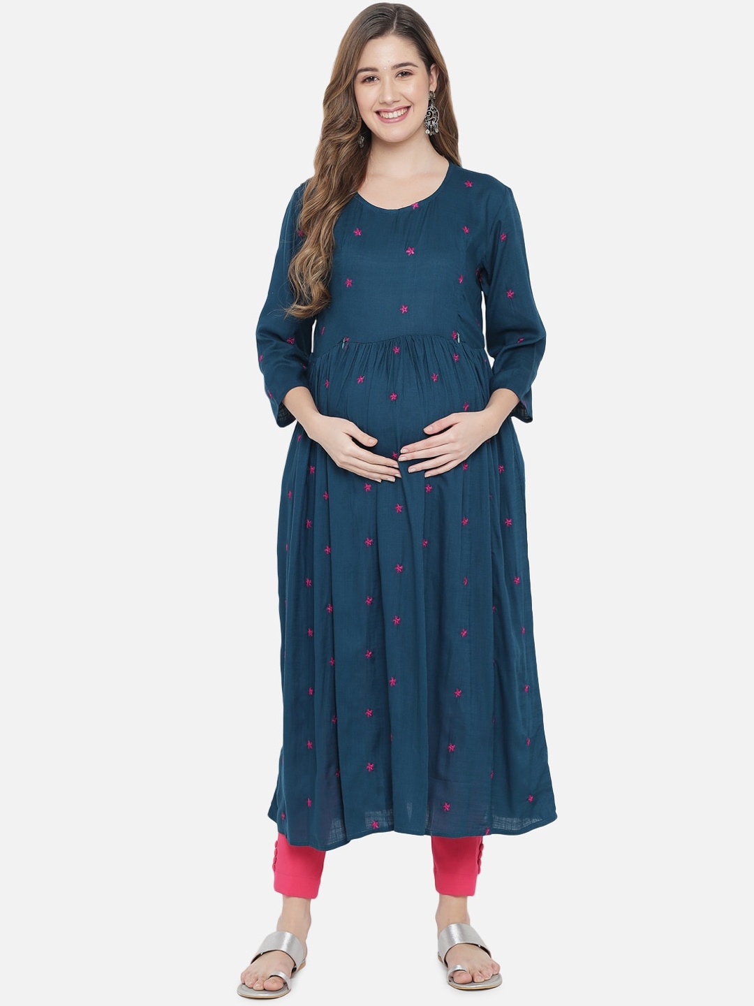

Aujjessa Women Teal Blue Embroidered Maternity Anarkali Kurta