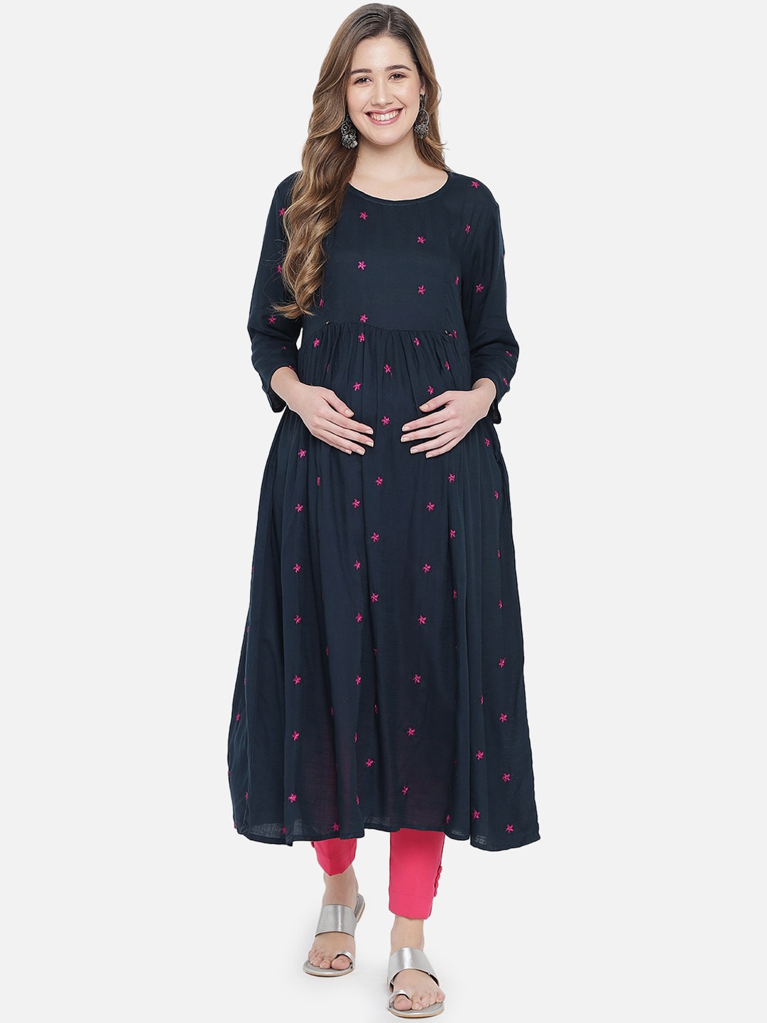 

Aujjessa Women Navy Blue Embroidered Thread Work Maternity A-Line Kurta