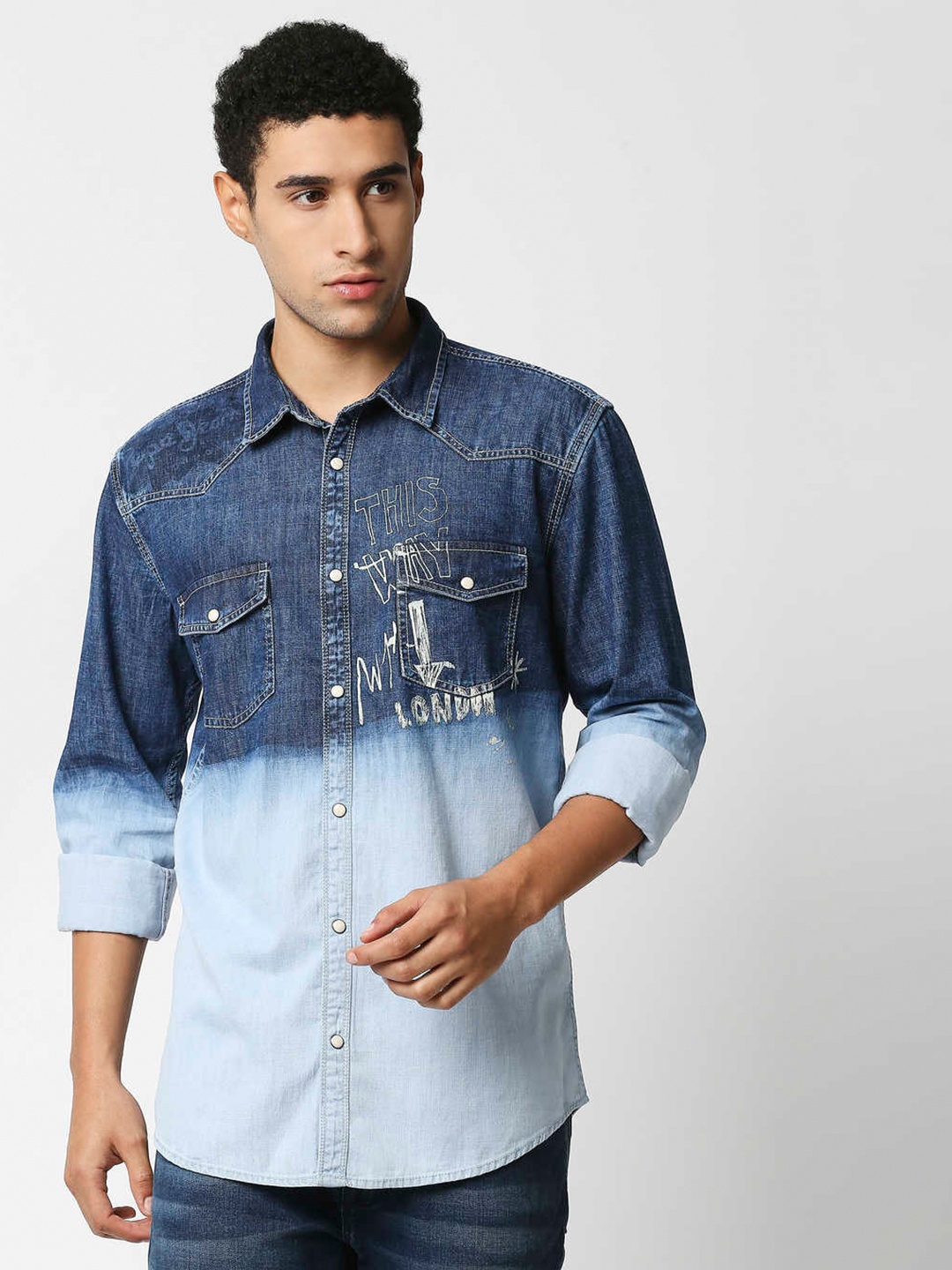 

Pepe Jeans Men Blue Faded Cotton Denim Casual Shirt