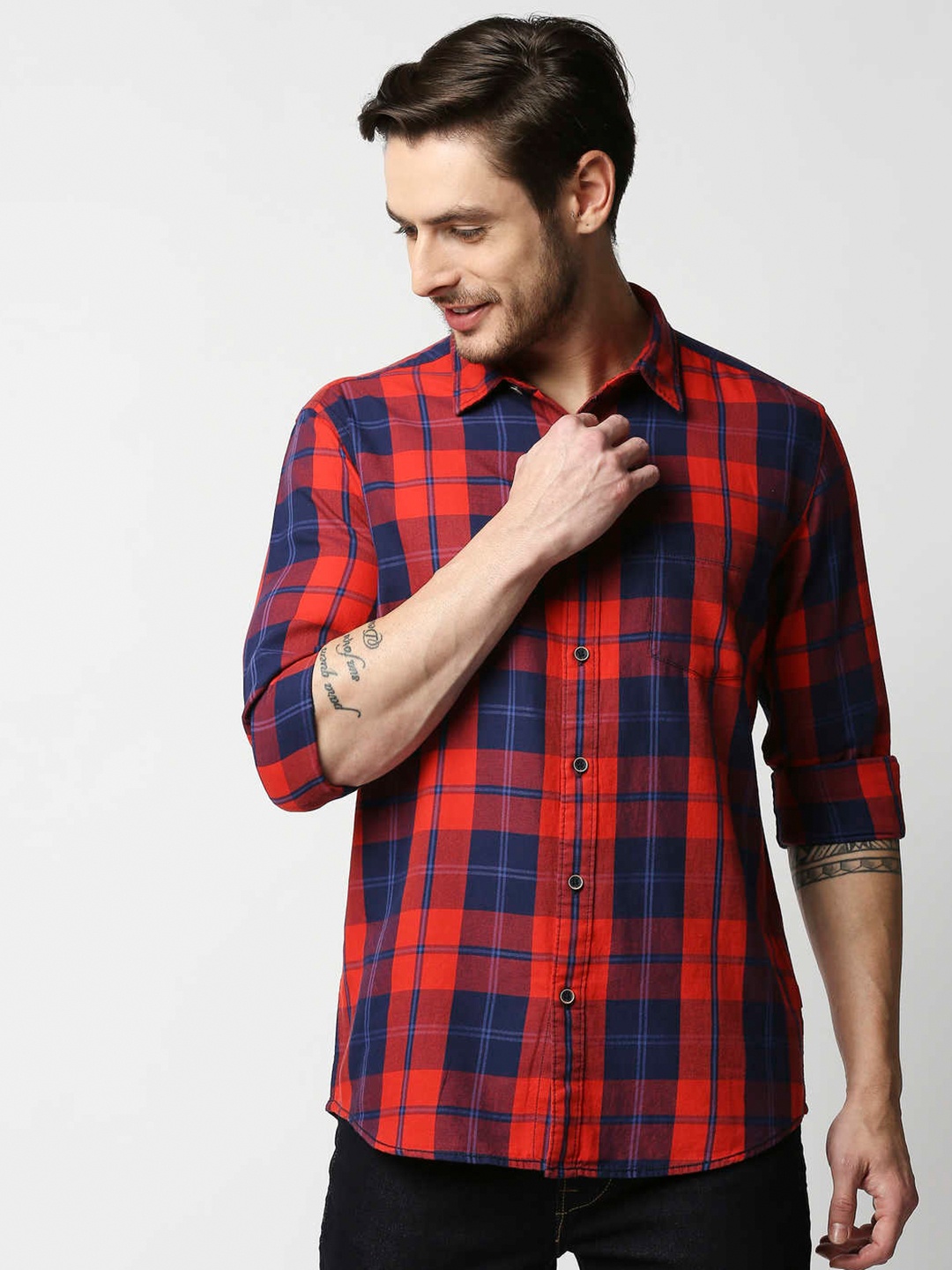 

Pepe Jeans Men Red & Navy Blue Tartan Checks Checked Twill Cotton Casual Shirt