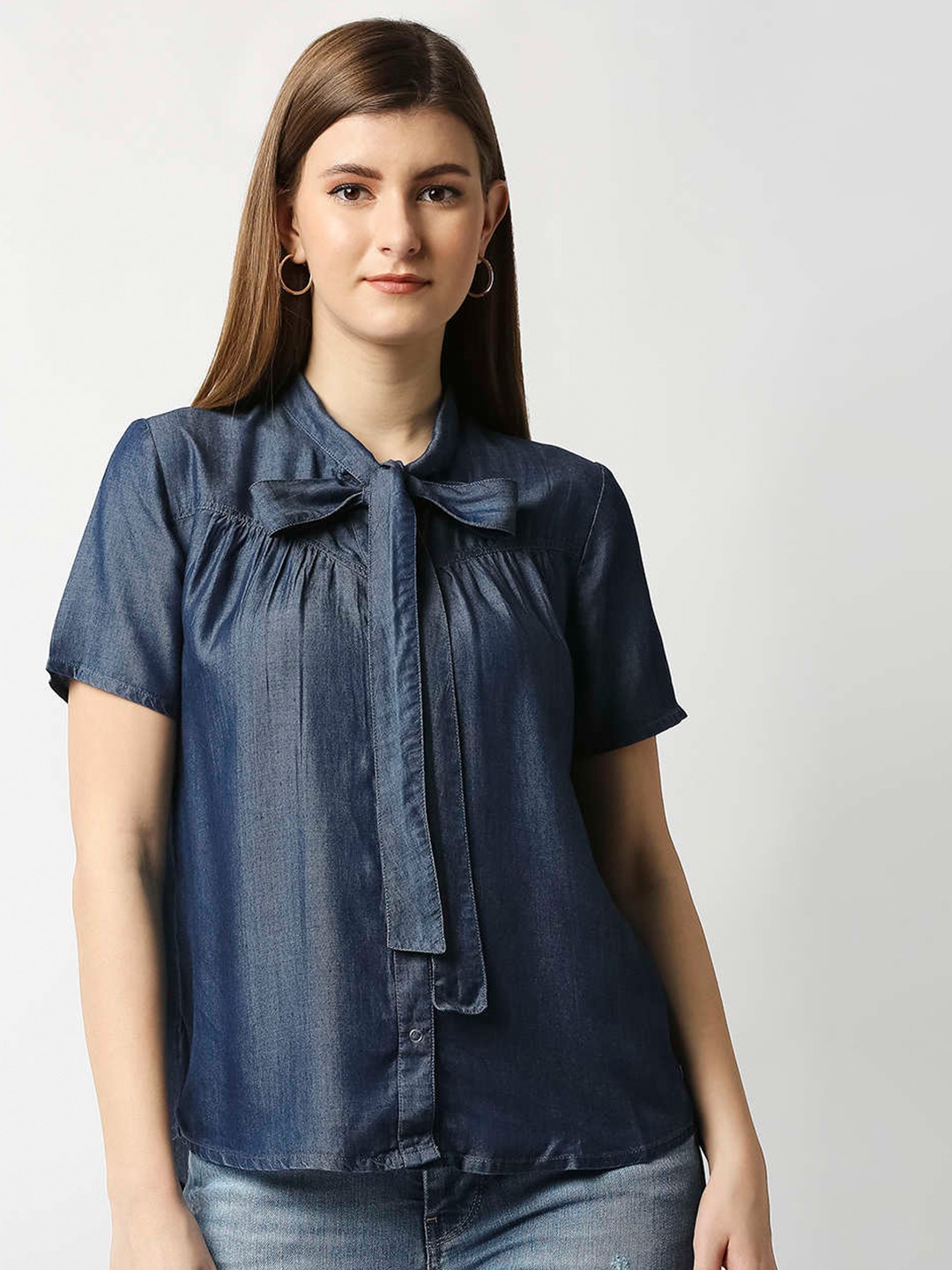 

Pepe Jeans Blue Tie-Up Neck Shirt Style Top