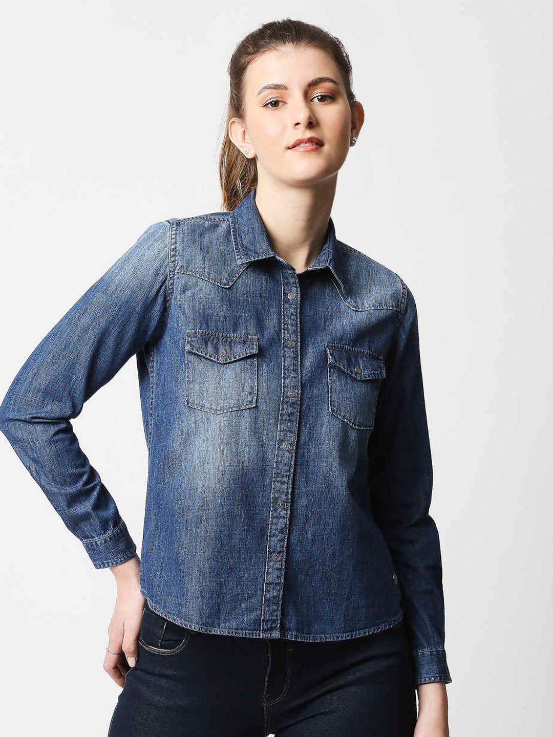 

Pepe Jeans Women Blue Faded Casual Cotton Denim Shirt