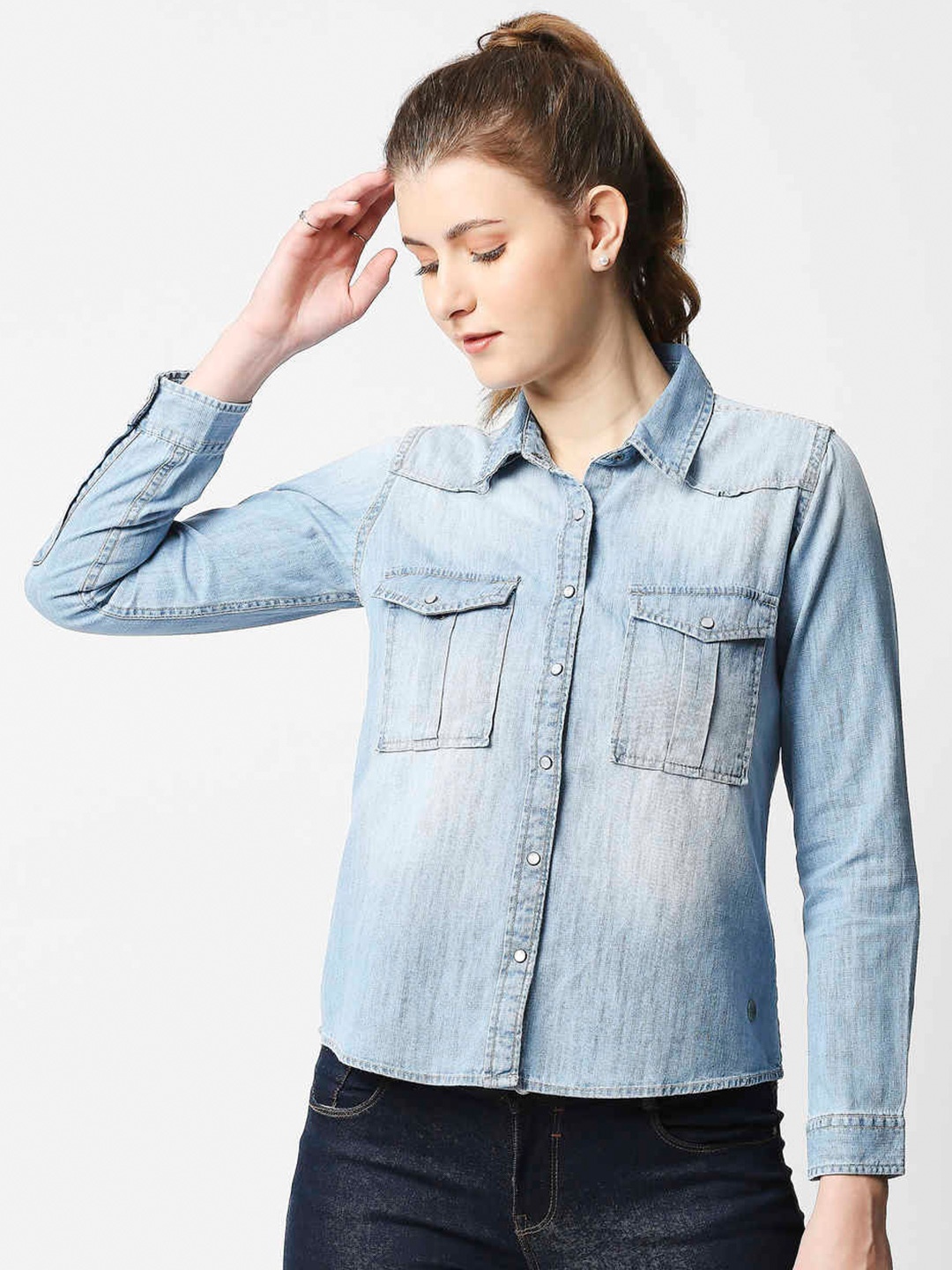 

Pepe Jeans Women Blue Faded Denim Casual Shirt