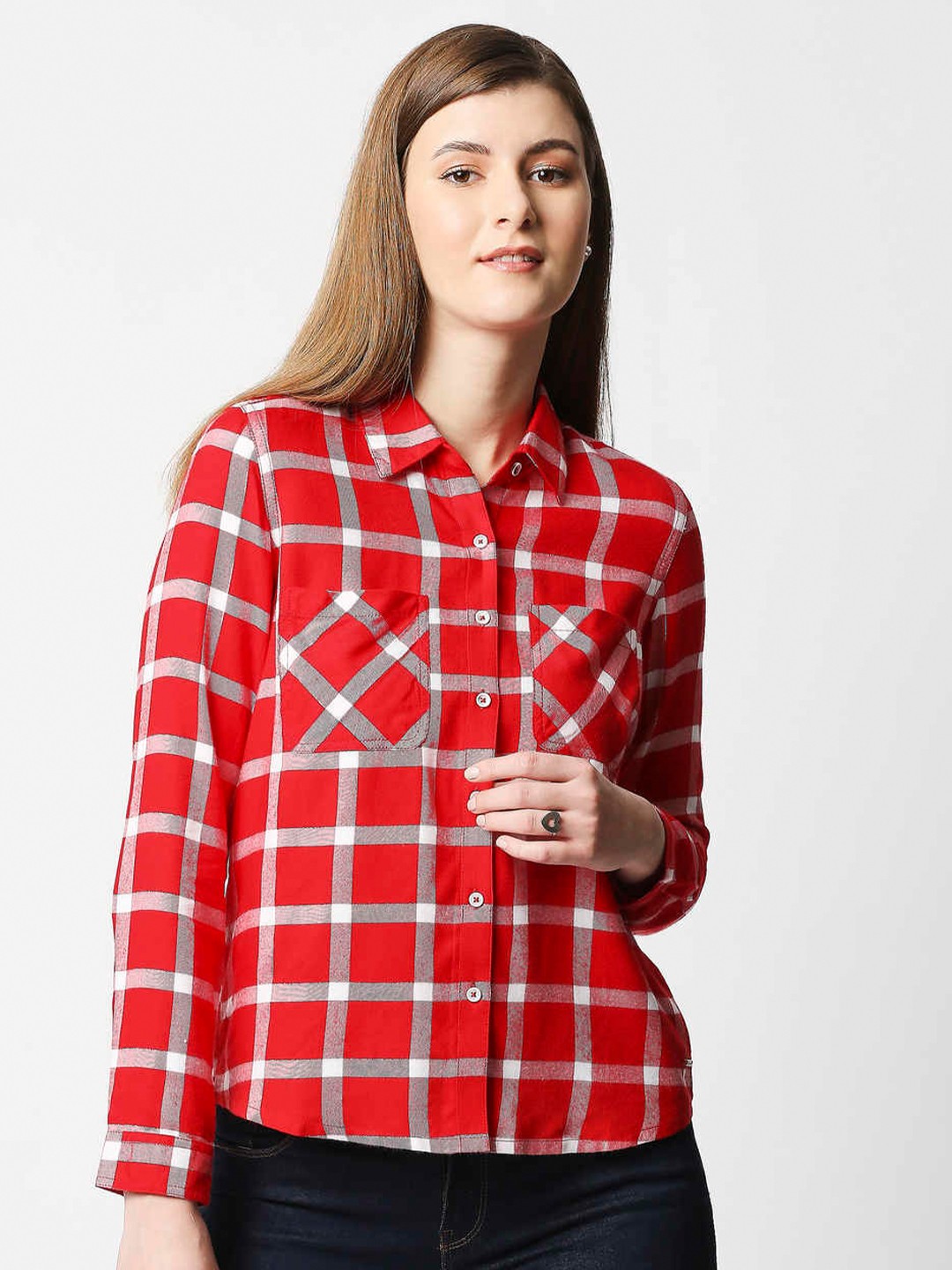 

Pepe Jeans Women Red Tartan Checks Checked Casual Shirt