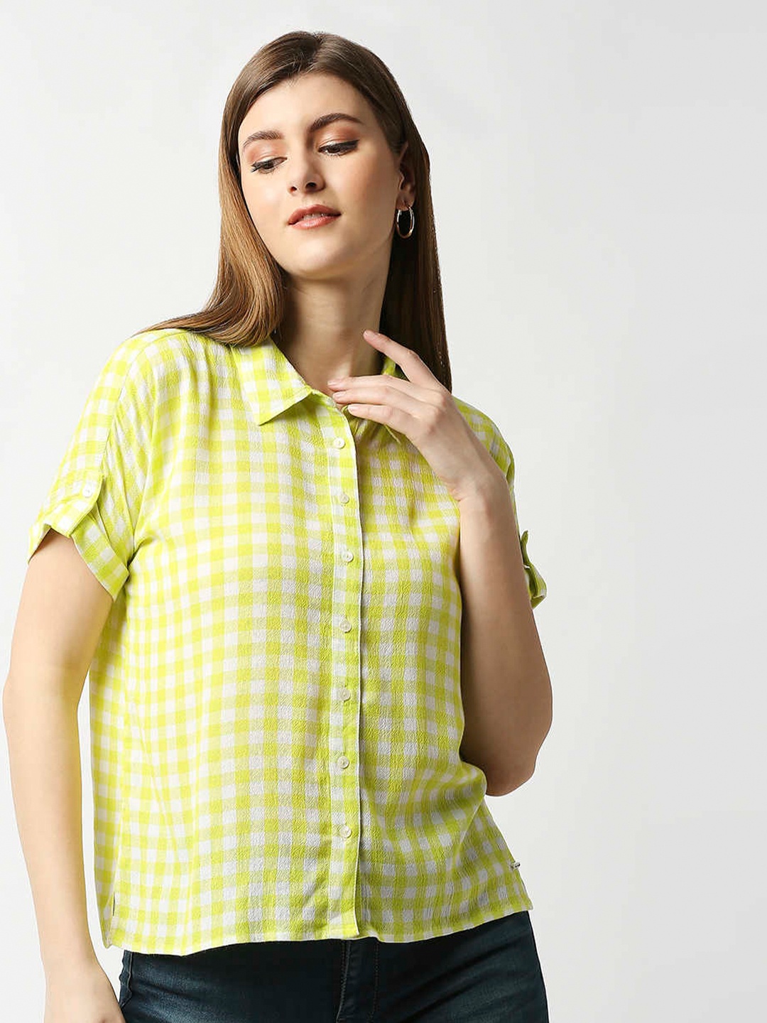 

Pepe Jeans Women Lime Green & White Gingham Checks Checked Casual Shirt