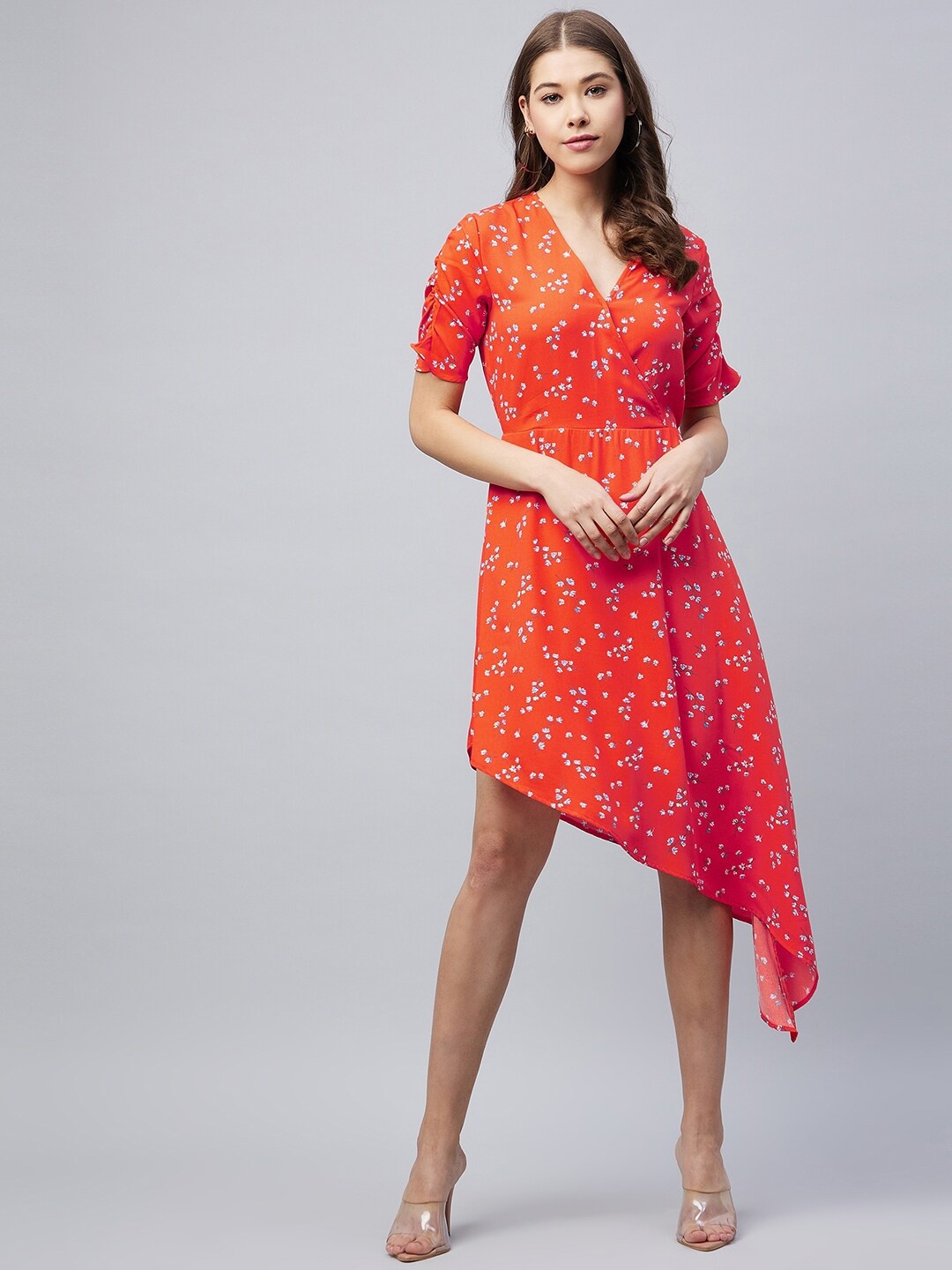 

StyleStone Orange Floral Crepe Midi Wrap Dress