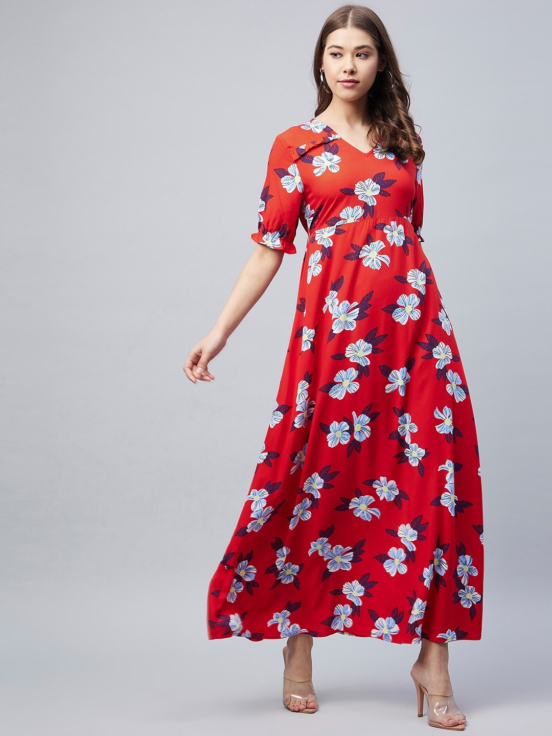 

StyleStone Red Floral Printed Maxi Dress
