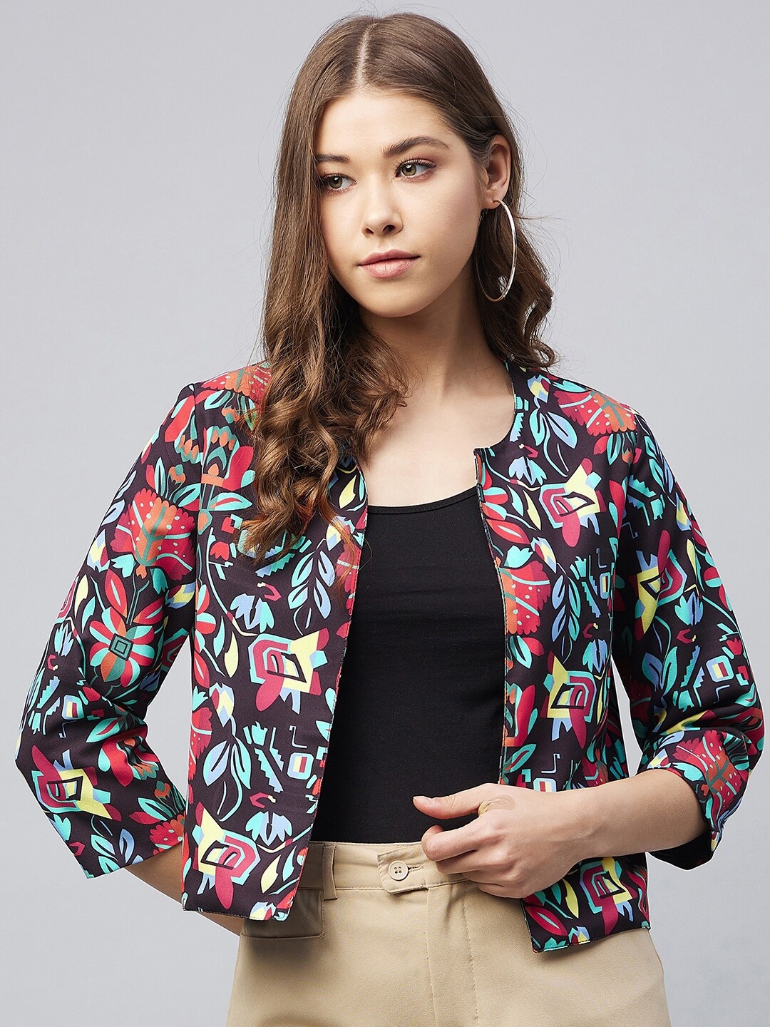 

StyleStone Women Black & Blue Printed Open Front Shrug