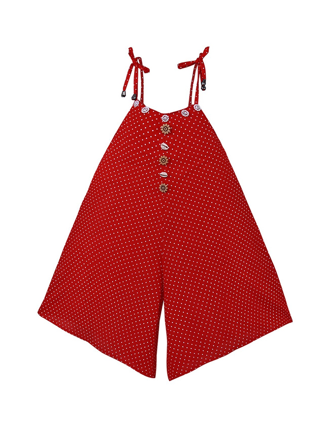 

Wish Karo Infant Girls Red Polka Dots Printed Tie-Up Flared Dungarees