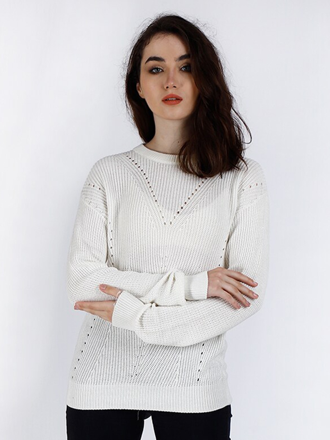 

NoBarr Women White Open Knit Pullover