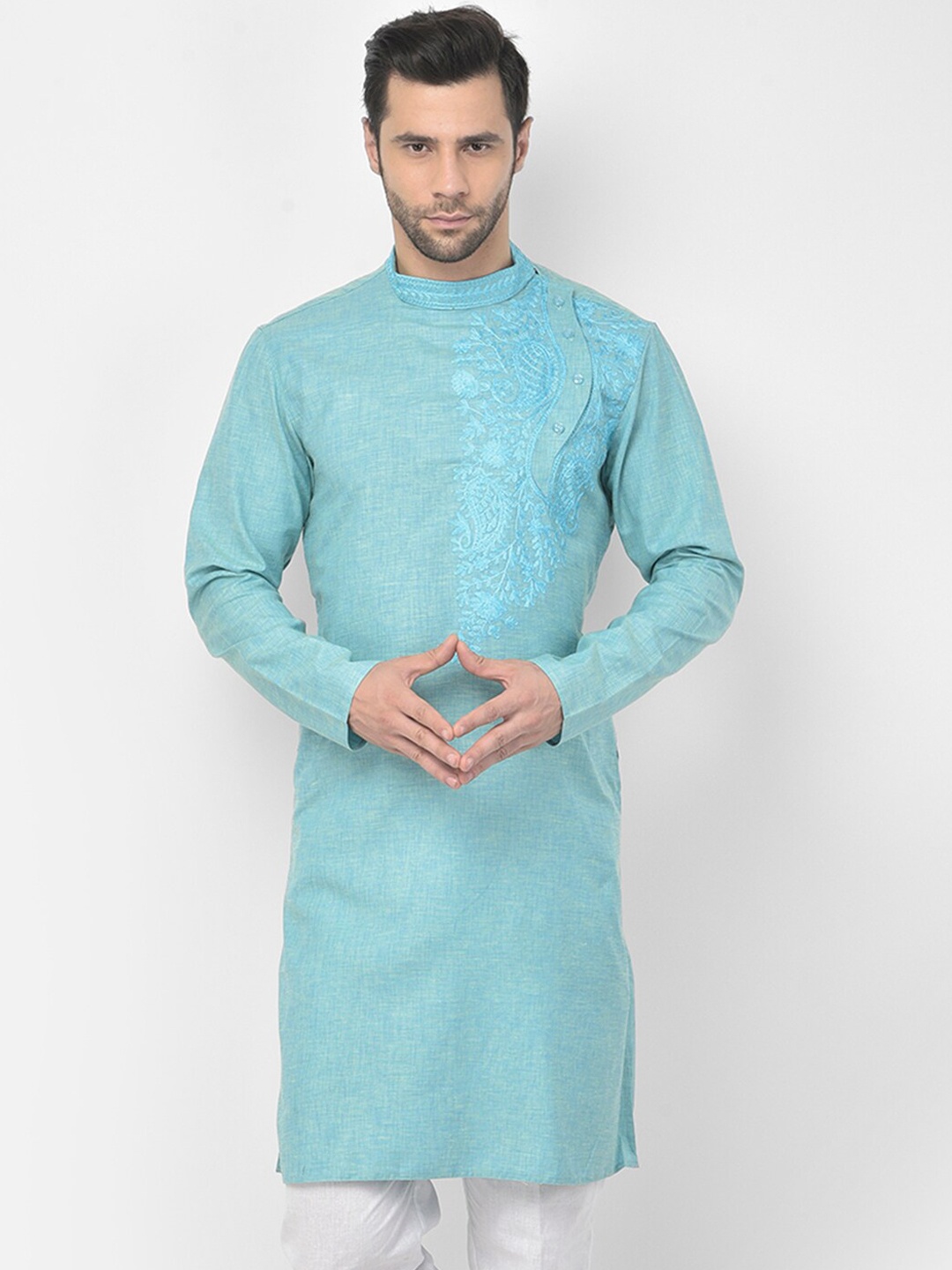 

DEYANN Men Blue Floral Pure Cotton Kurta with Pyjamas