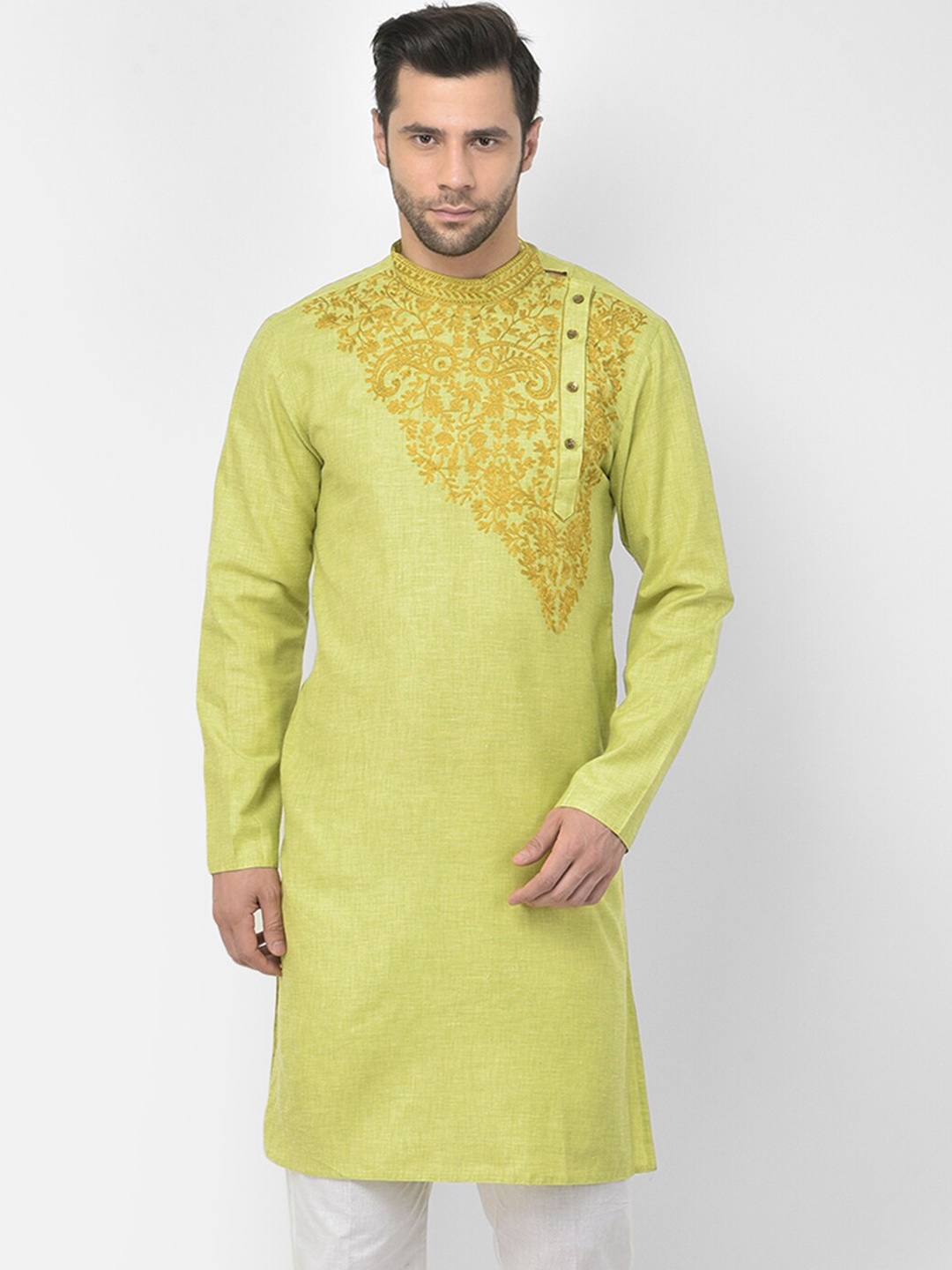 

DEYANN Men Green Floral Embroidered Pure Cotton Kurta with Trousers