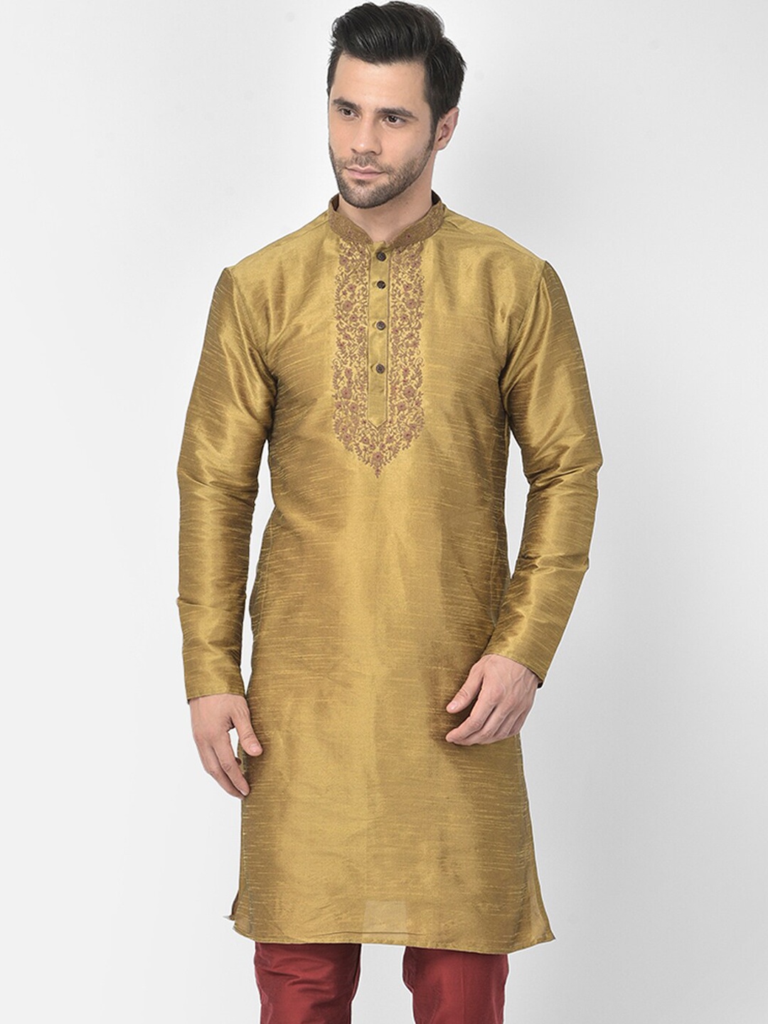 

DEYANN Men Brown Floral Embroidered Thread Work Dupion Silk Kurta with Trousers