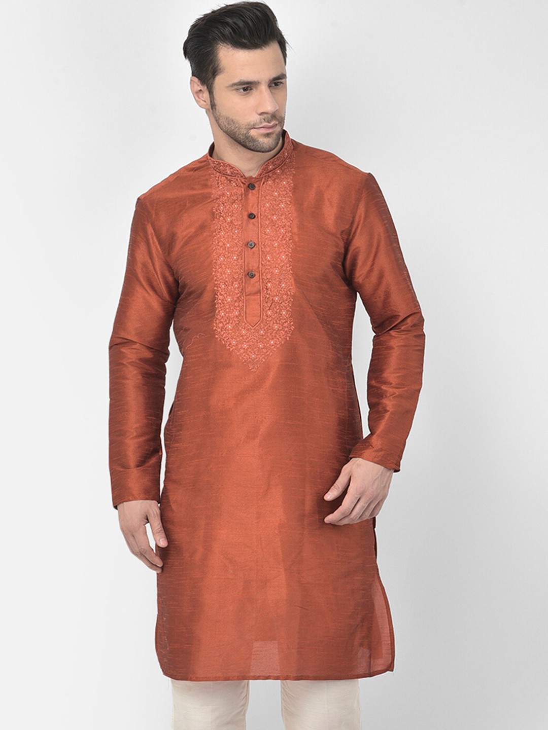 

DEYANN Men Orange Ethnic Motifs Embroidered Thread Work Dupion Silk Kurta with Trousers