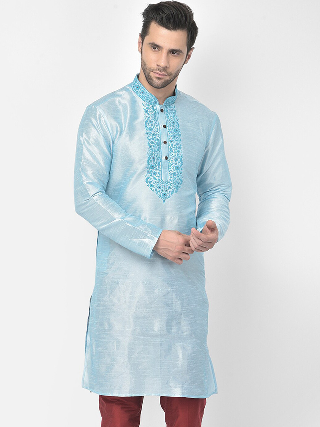 

DEYANN Men Blue Floral Embroidered Dupion Silk Kurta with Trousers