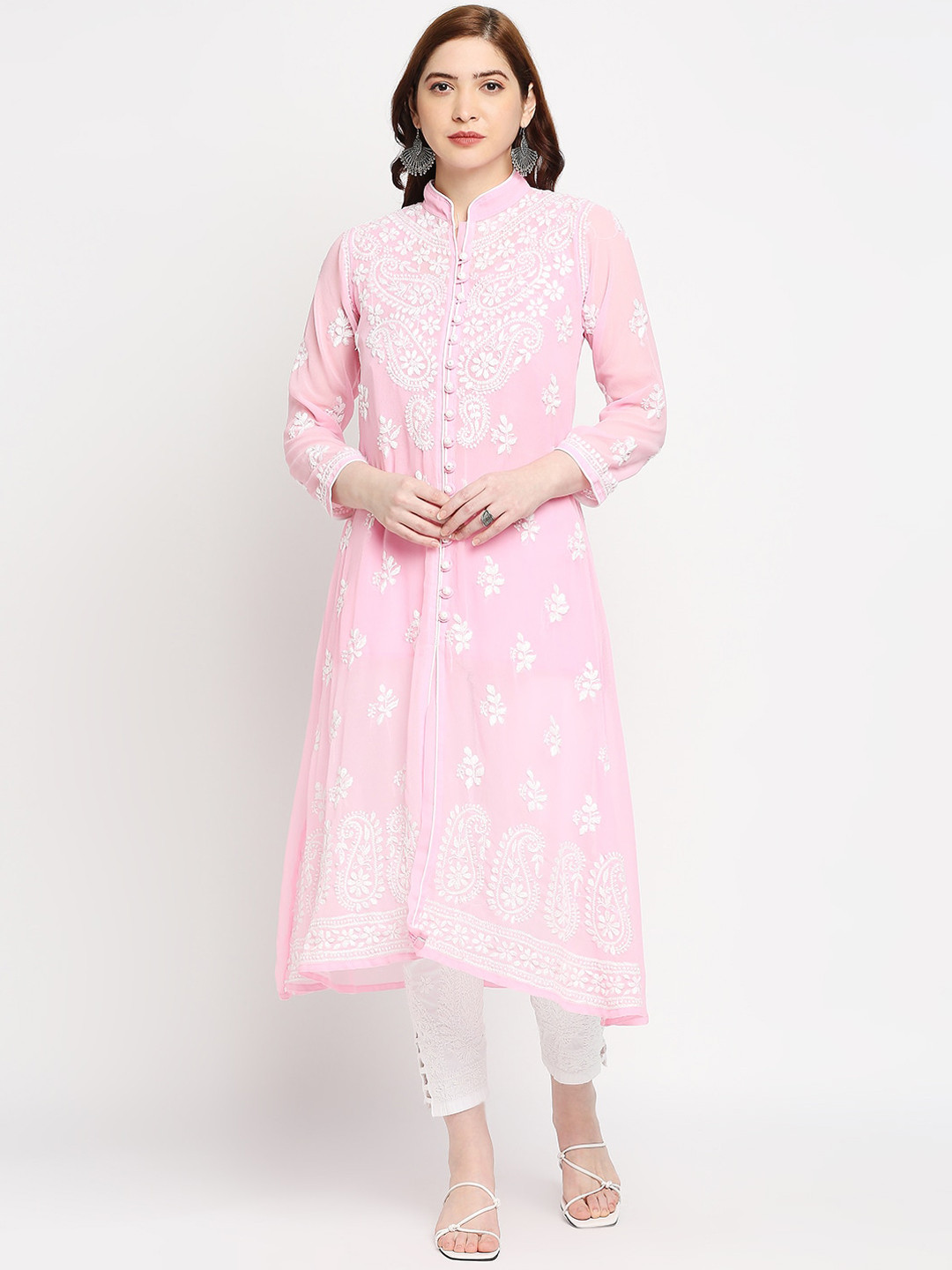 

Indiankala4u Women Pink Paisley Chikankari Georgette Kurta