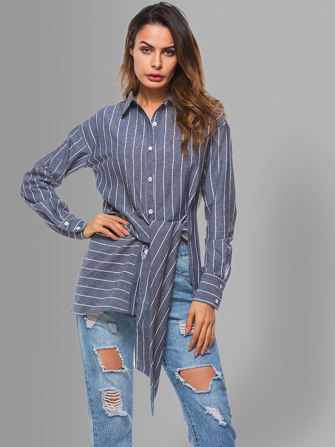 

JC Collection Women Grey Striped Tie Up Casual Shirt