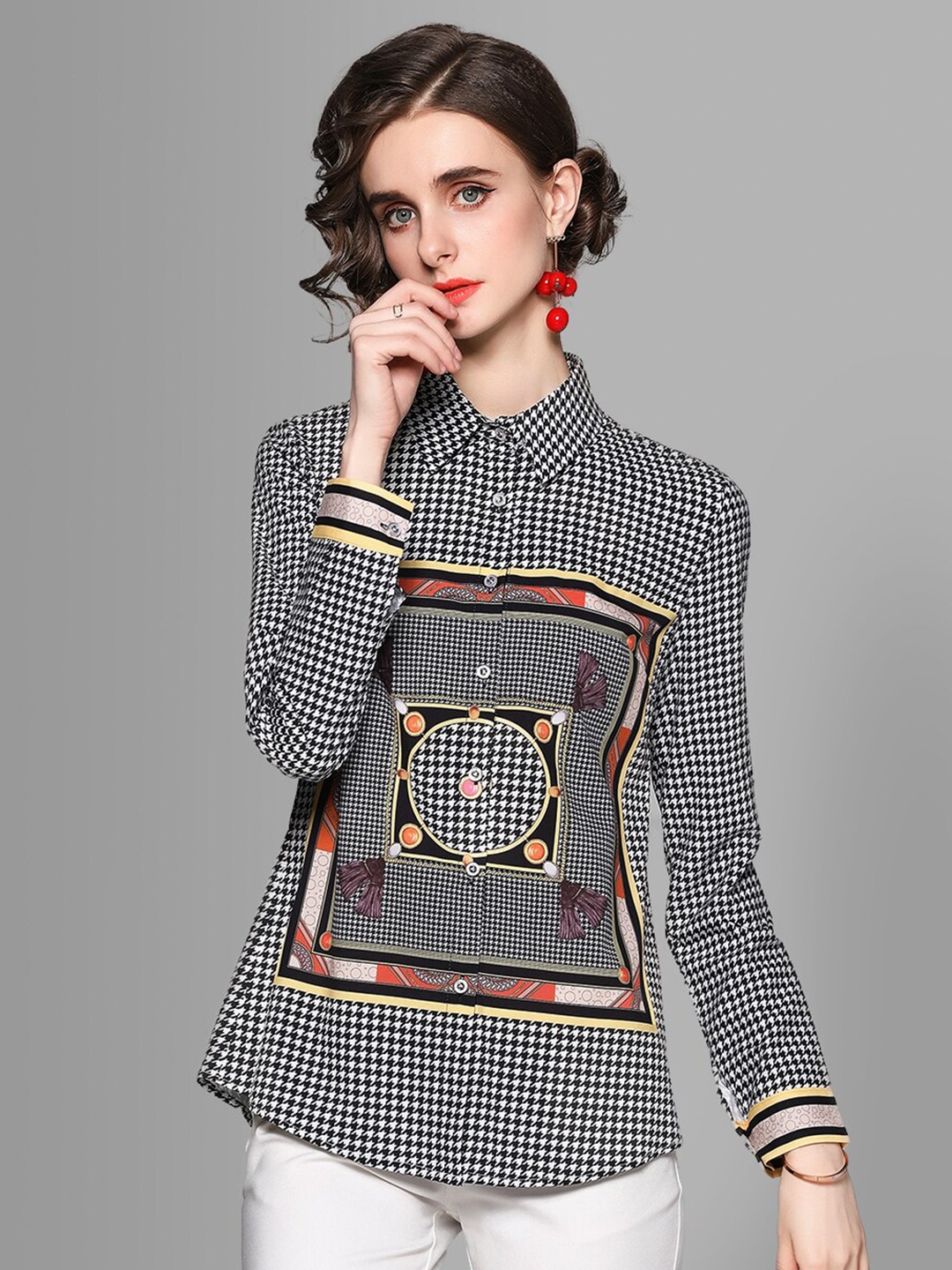 

JC Collection Women Black & White Houndstooth Check Printed Casual Shirt
