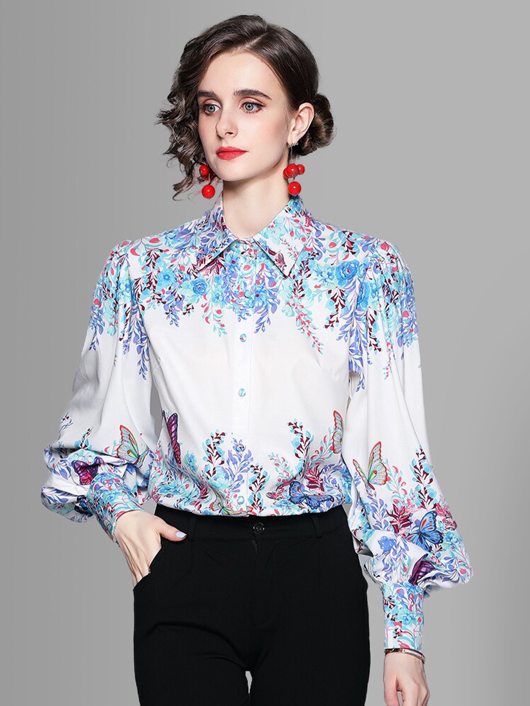 

JC Collection Women White Floral Printed Puff Sleeves Casual Shirt