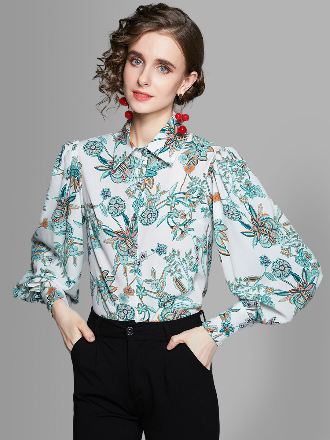 

JC Collection Women Green Floral Printed Puff Sleeves Casual Shirt