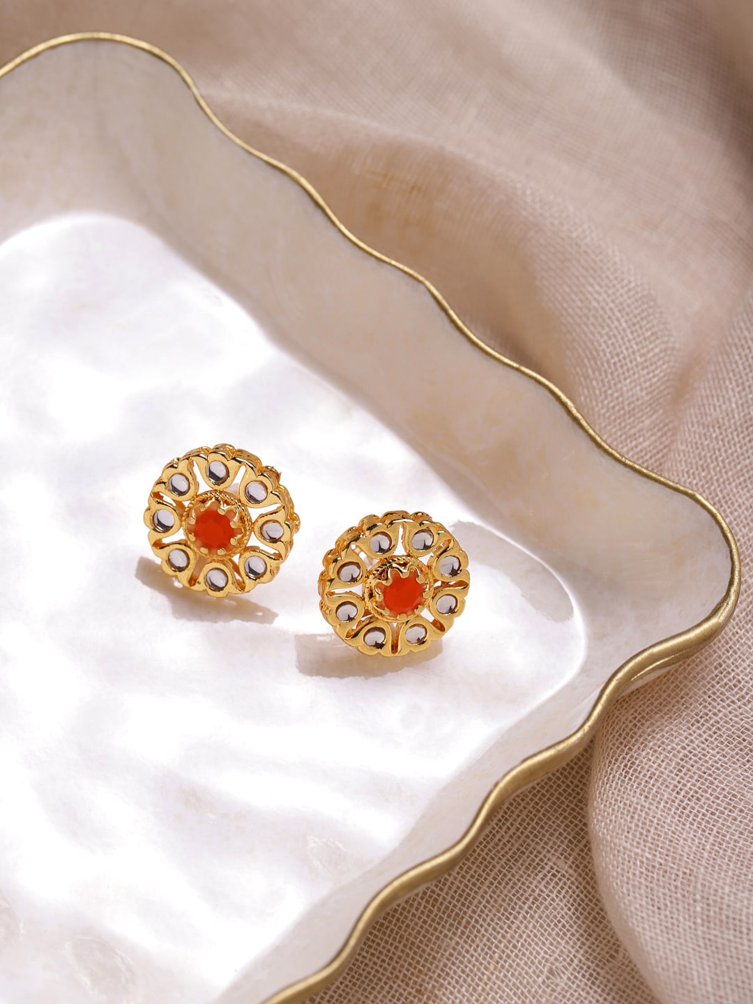 

Ruby Raang Gold-Plated Floral Shaped Kundan Studded Studs Earrings