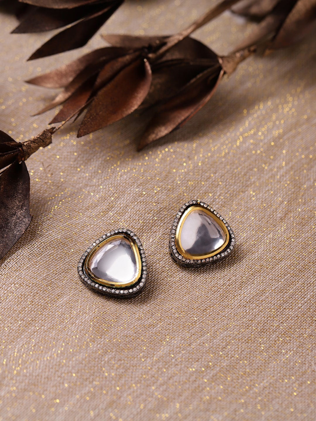 

Ruby Raang Silver-Plated Triangular Kundan Studded Studs Earrings