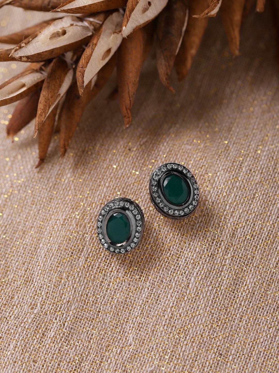 

Ruby Raang Silver-Plated Oval Kundan Studded Studs Earrings
