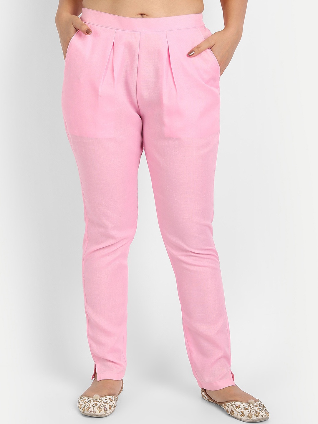 

Globon Impex Women Pink High-Rise Pleated Cotton Regular Trousers
