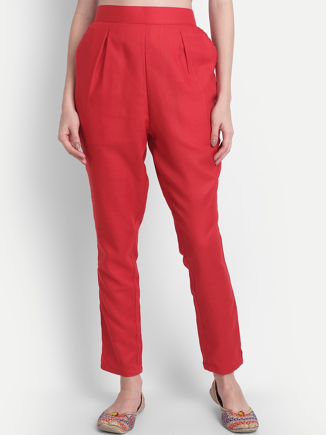 

Globon Impex Women Red High-Rise Pleated Cotton Cropped Trousers