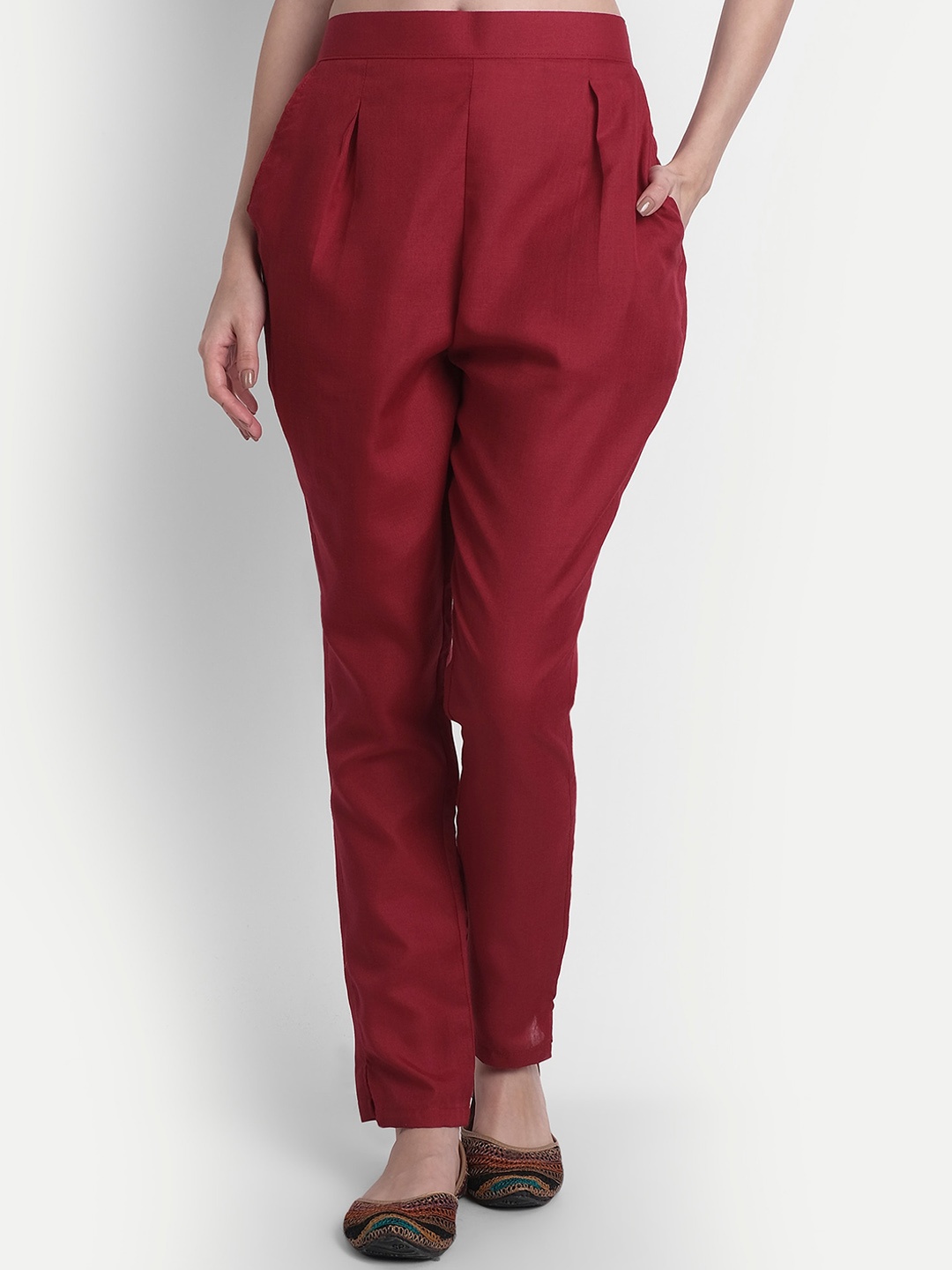 

Globon Impex Women Maroon High-Rise Pleated Cotton Trousers